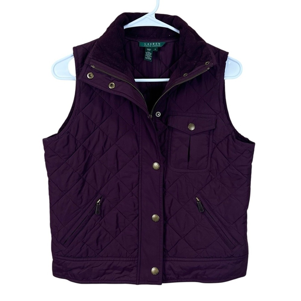 Ralph Lauren Women's Diamond Quilted Vest Burgundy Fleece Collar‎ Size Small S